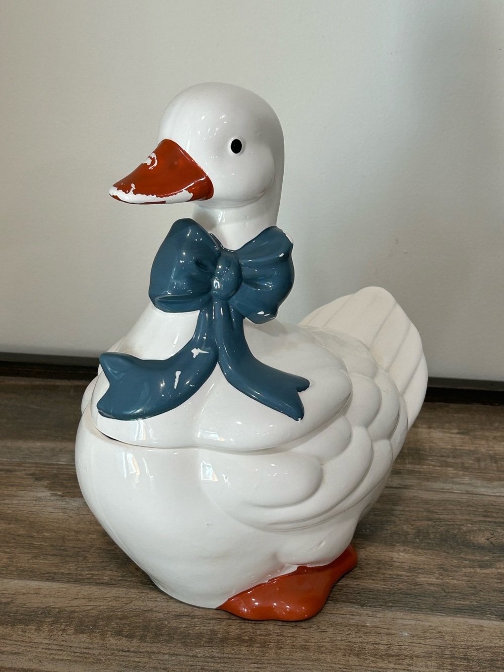 Vintage Mother Goose Duck Cookie Jar with Blue Bow Cottage Granny Core